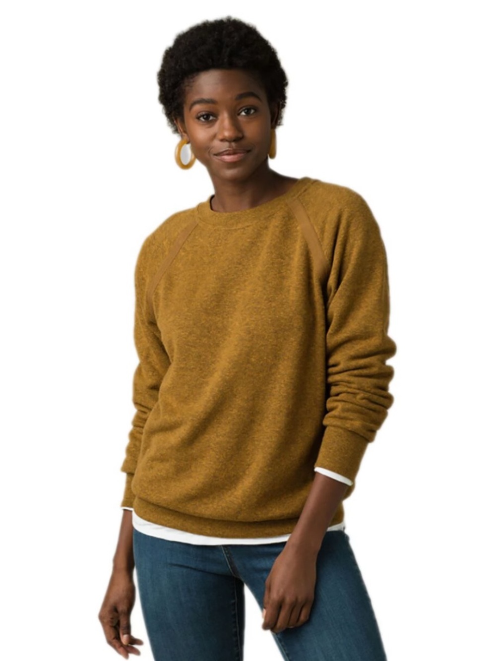PrAna Cozy Up Sweater in mustard brown heather in XS UPF 50 #prana #athleisure